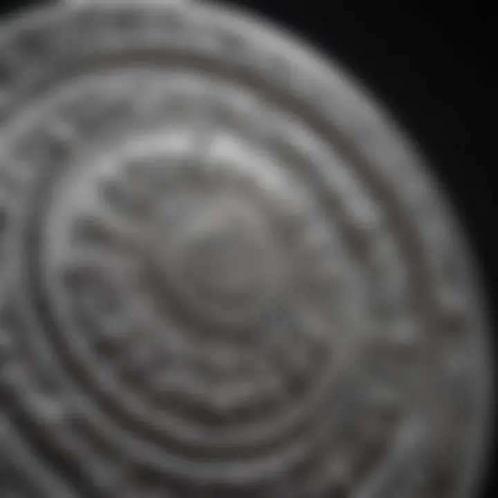 Close-up of a silver coin with intricate design