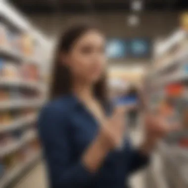 A shopper reviewing various Visa gift card options at a retail store.