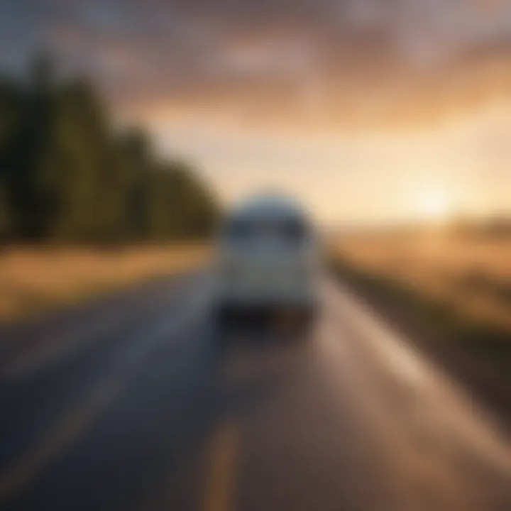 An open road with a camper van under a bright sky