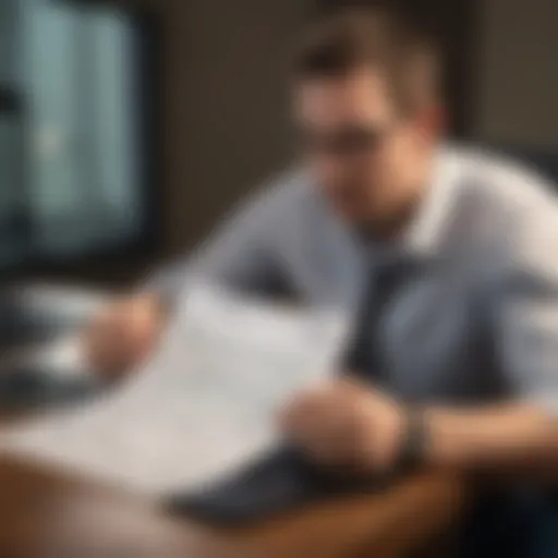 A person sitting with a laptop, reviewing tax documents.