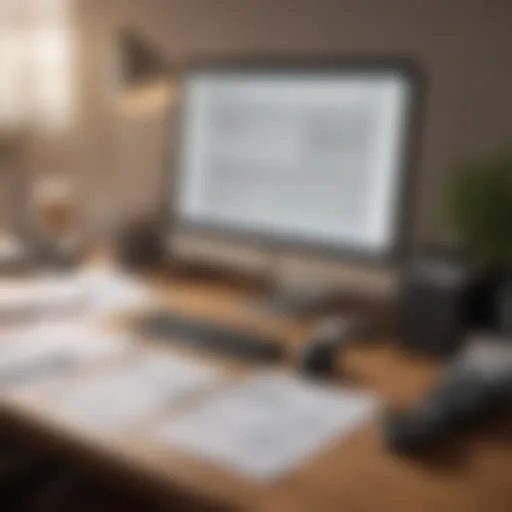 An organized desk with financial documents and a computer displaying a savings bond database.