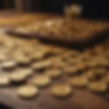 An assortment of gold coins placed on a market table