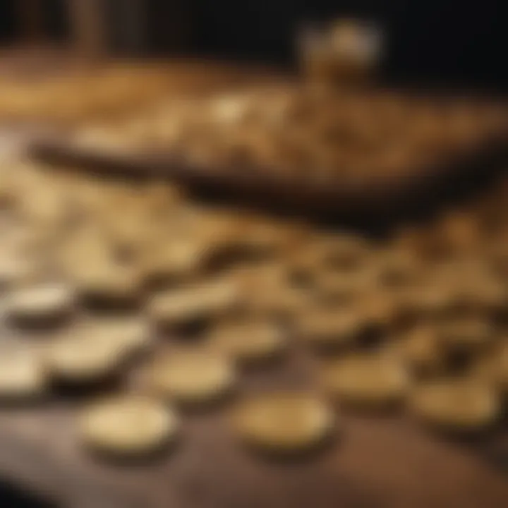 An assortment of gold coins placed on a market table