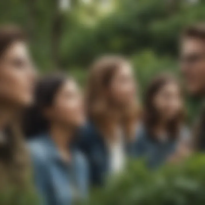 A group of diverse students discussing environmental studies with a green backdrop