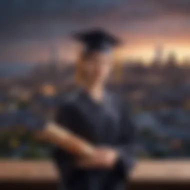 A graduate holding a diploma with a city skyline in the background symbolizing career opportunities